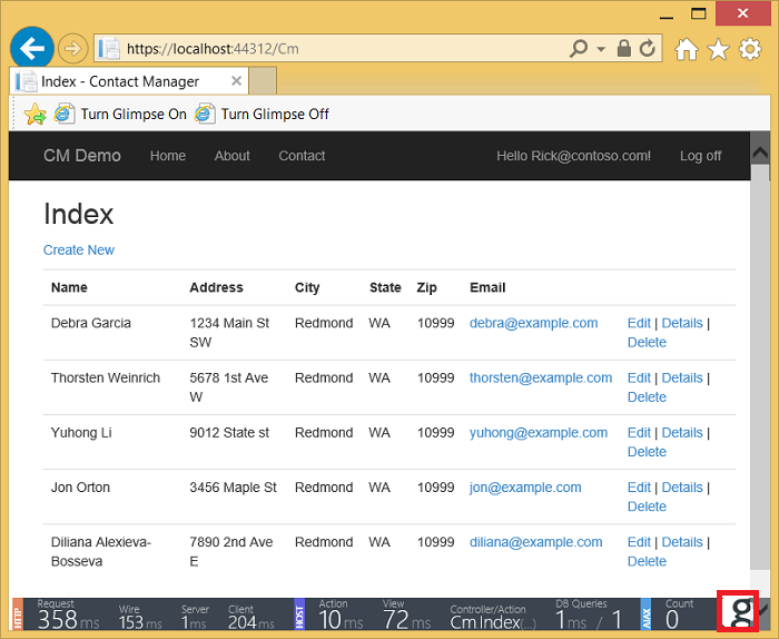 Pagina Gestione contatti con HUD