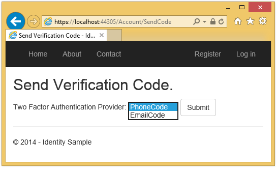 Screenshot che mostra la pagina dell'app A S P dot NET Send Verification Code (Invia codice di verifica). È selezionato un menu a discesa che mostra il codice telefonico e il codice di posta elettronica.