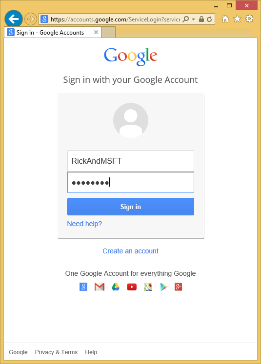 Screenshot che mostra una pagina di accesso di Google Accounts. Le credenziali di esempio vengono immesse nei campi di testo.