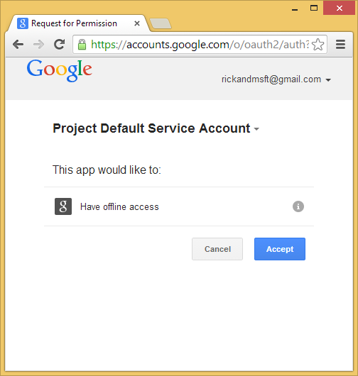Screenshot che mostra la pagina Google Accounts Request for Permission (Richiesta di autorizzazione per gli account Google), che richiede all'utente di annullare o accettare l'accesso offline all'applicazione Web.
