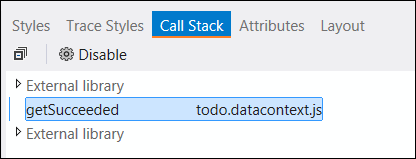 Screenshot della scheda Stack di chiamate per visualizzare facilmente le chiamate allo script dell'applicazione.