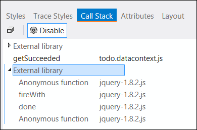 Screenshot delle librerie esterne nella scheda Stack di chiamate per visualizzare lo stack completo, incluse le chiamate alle librerie esterne.