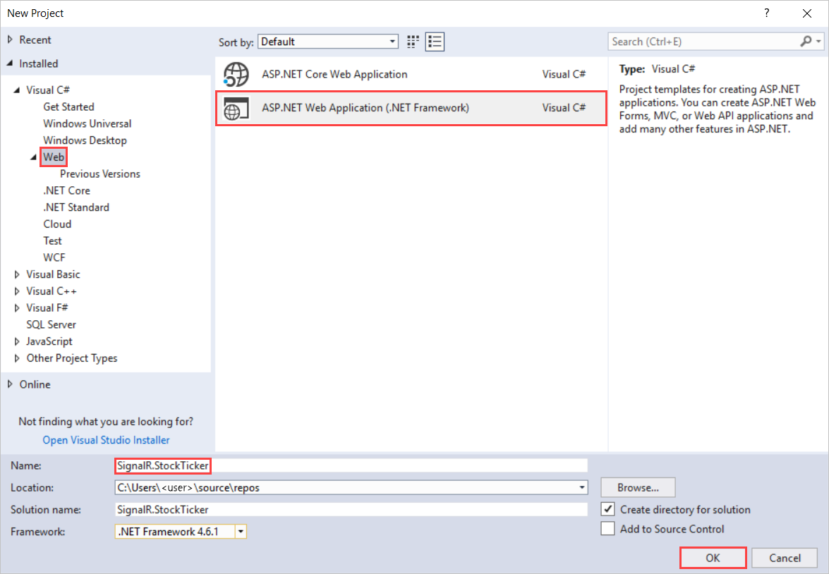 Screenshot che mostra come creare un'applicazione Web ASP.NET.