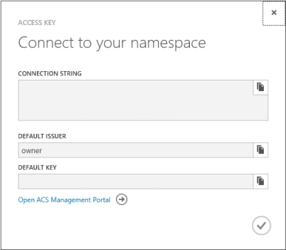 Screenshot della schermata Access Key Connect to your namespace (Connetti chiave di accesso allo spazio dei nomi), che mostra i campi Stringa di connessione, Autorità di certificazione predefinita e Chiave predefinita.