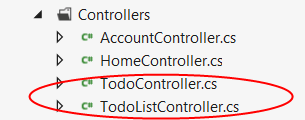 Screenshot che mostra la cartella Controllers aperta. Per fare Controller dot c s e To do List Controller dot c s sono entrambi cerchiati in rosso.