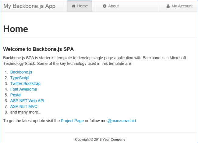 Screenshot che mostra la home page del punto dorsale my backbone j s App.