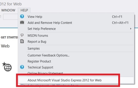 Screenshot che mostra il menu a discesa Guida. Circa Microsoft Visual Studio Express 2012 per Web è cerchiato in rosso.