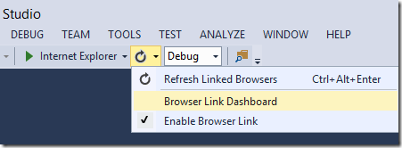 Screenshot del menu di Visual Studio con l'icona Aggiorna evidenziata e Dashboard collegamento browser evidenziato nel menu a discesa.