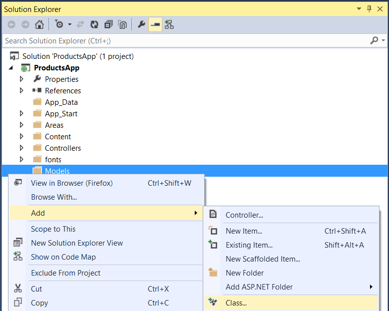 Screenshot della cartella Esplora soluzioni che mostra la cartella Models evidenziata in blu e le voci di menu Aggiungi e Classe evidenziate in giallo.
