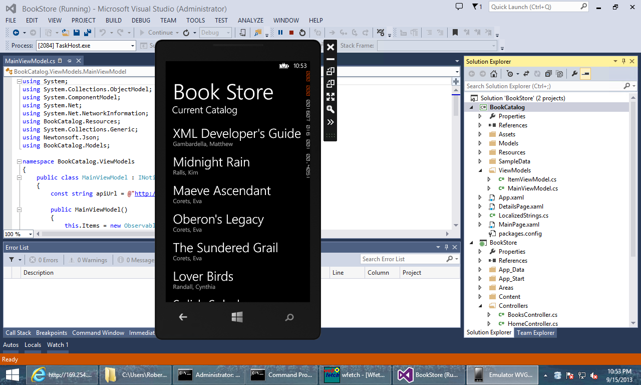 Screenshot della finestra esplora soluzioni, che mostra l'emulatore di telefono sopra di esso, visualizzando il Book Store con i titoli nel catalogo.