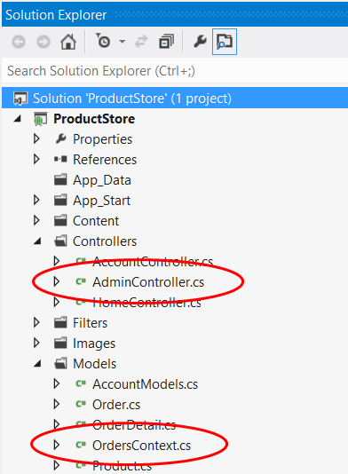 Screenshot della visualizzazione del progetto Esplora soluzioni. AdminController dot c s e OrdersContext dot c s sono evidenziati.