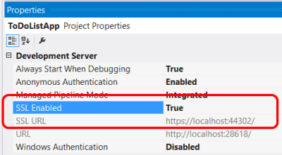 Immagine di SSL abilitato su 'true' nelle proprietà