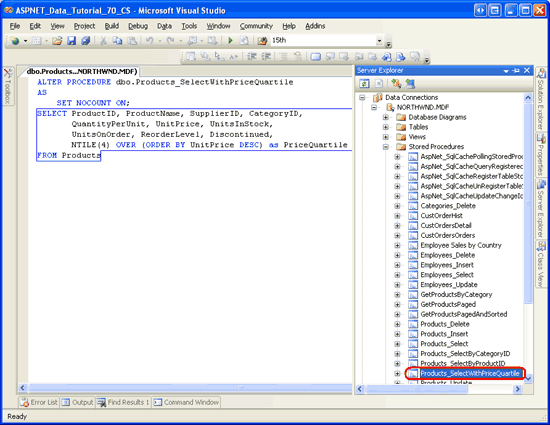 Assicurarsi che il database contenga la stored procedure di Products_SelectWithPriceQuartile