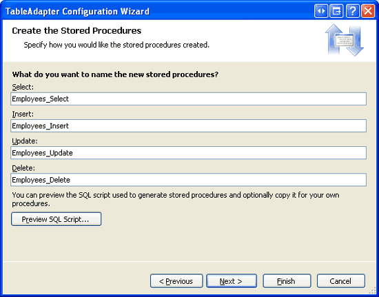 Denominare le stored procedure tableadapter