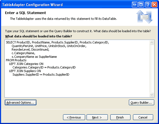 Screenshot che mostra la finestra Configurazione guidata TableAdaptor con una query immessa che contiene JOIN.