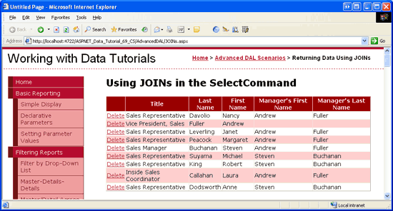 Join nella stored procedure Employees_Select restituisce il nome del manager