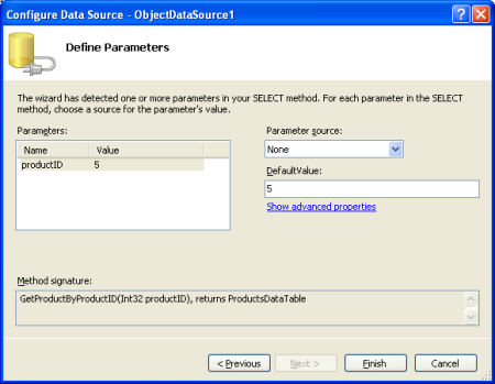 Verrà usato un valore di parametro hardcoded pari a 5 per il parametro productID