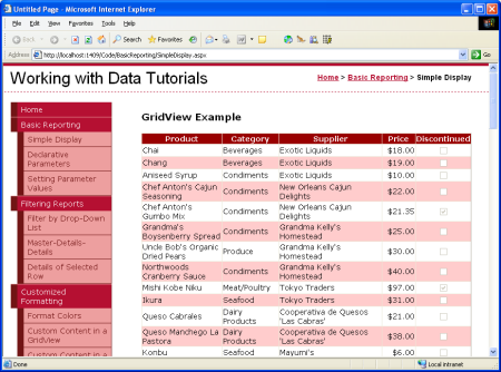 GridView visualizza il nome, la categoria, il fornitore, il prezzo e le informazioni non più disponibili del prodotto