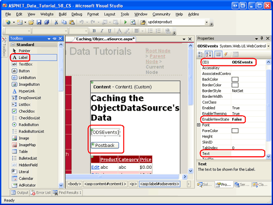 Aggiungere un'etichetta e un pulsante alla pagina sopra GridView