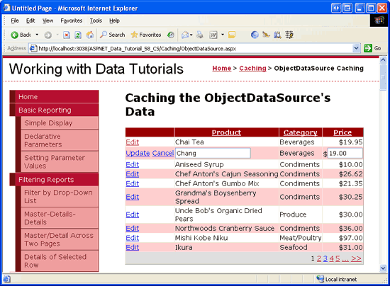 Ogni nome, categoria e prezzo di ogni prodotto è elencato in un controllo Ordinabile, Pageable, Editable GridView