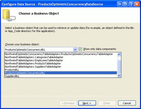 Usare ObjectDataSource l'oggetto ProductsOptimisticConcurrencyBLL