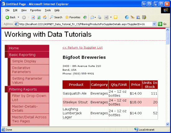 I prodotti dei fornitori selezionati vengono visualizzati in ProductsForSupplierDetails.aspx