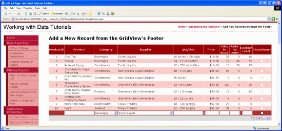 Il piè di pagina GridView fornisce un'interfaccia per l'aggiunta di un nuovo record