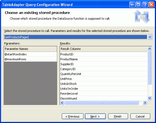 Scegliere la stored procedure GetProductsPaged dall'elenco a discesa