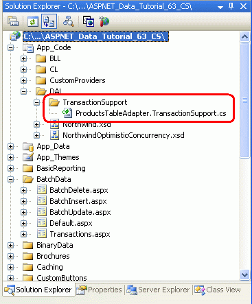 Aggiungere una cartella denominata TransactionSupport e un file di classe denominato ProductsTableAdapter.TransactionSupport.cs