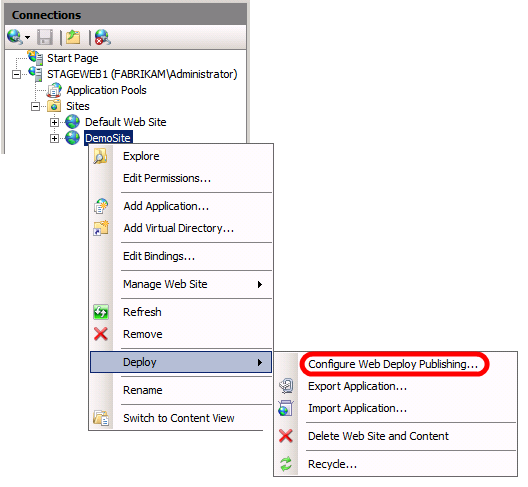 In Gestione IIS, nel riquadro Connessioni fare clic con il pulsante destro del mouse sul nodo del sito Web (ad esempio DemoSite), scegliere Distribuisci e quindi fare clic su Configura distribuzione Web.
