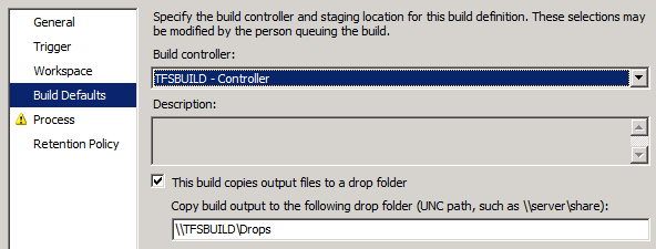 Nella scheda Build Defaults (Compila impostazioni predefinite) nella casella Copia output compilazione nella casella di selezione seguente digitare il percorso Universal Naming Convention (U N C) della cartella di rilascio, ad esempio \TFSBUILD\Drop.