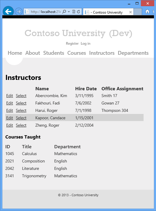 Screenshot che mostra la pagina Instructors e i corsi insegnati da un insegnante specifico.