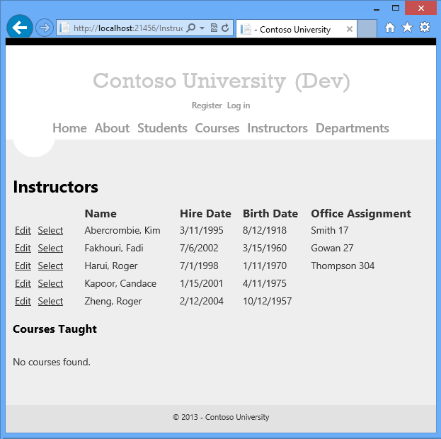 Screenshot che mostra la pagina Instructors che mostra il nome, la data di assunzione, la data di nascita e l'assegnazione dell'ufficio.