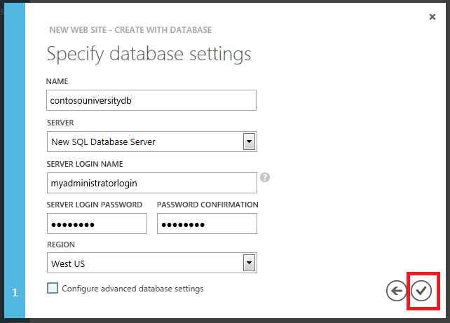 Passaggio Impostazioni database di Nuovo sito Web - Creazione guidata database con database