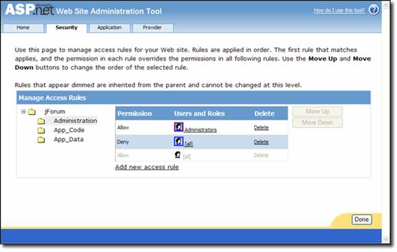 Screenshot che mostra lo strumento Amministrazione sito Web A S P punto N E T con gli elementi selezionati in Utenti e ruoli.