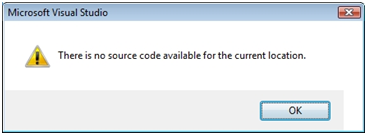 Finestra di dialogo di errore visualizzata quando non è disponibile alcun codice sorgente per il debug.