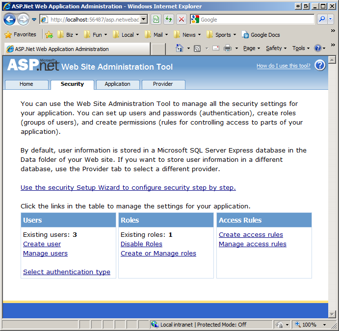 Screenshot di A S P . N E T Website Administration tool per creare e gestire utenti e ruoli e regole di accesso.