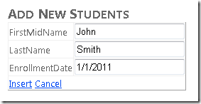 Screenshot della finestra di Internet Explorer, che mostra la visualizzazione Aggiungi nuovi studenti con il nome e la data di registrazione di John Smith compilati nei campi di testo.