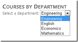 Screenshot della finestra del browser Internet Explorer, che mostra la visualizzazione Corsi per reparto con un menu a discesa per i reparti.