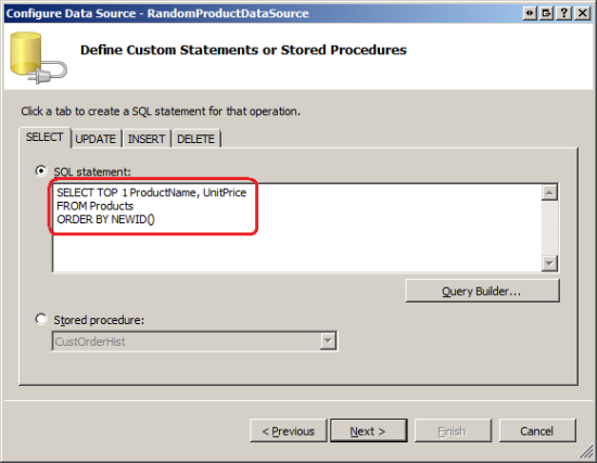 Configurare SqlDataSource per restituire un singolo record selezionato in modo casuale