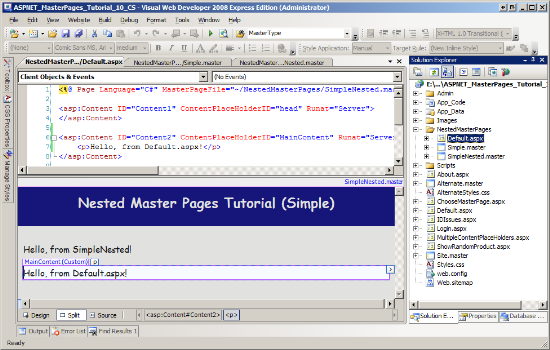 La pagina contenuto include ora i controlli contenuto per i contentPlaceHolders della pagina master annidata