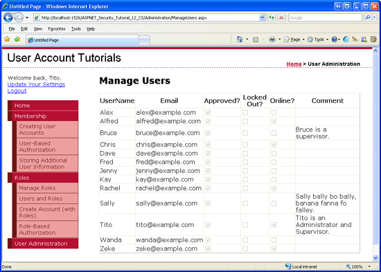 Gli account utente sono elencati in GridView