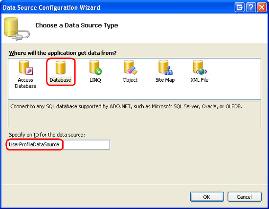 Aggiungere un nuovo controllo SqlDataSource denominato UserProfileDataSource