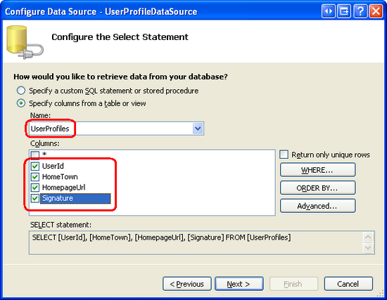 Ripristinare tutte le colonne dalla tabella UserProfiles