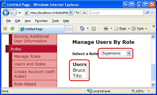 GridView elenca gli utenti che appartengono al ruolo selezionato