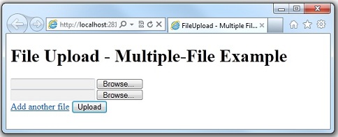 Screenshot della pagina del Web browser File Upload Multiple File Example (Caricamento file con più file di esempio) che mostra due selezione file e un pulsante Carica.