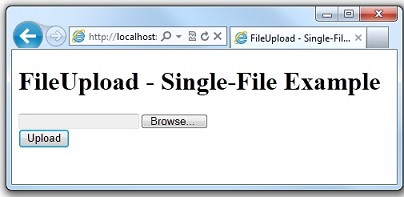 Screenshot della pagina del Web browser File Upload Single File Example che mostra la selezione file e il pulsante Carica.