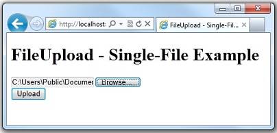 Screenshot della pagina del Web browser File Upload Single File Example che mostra la selezione file con il file selezionato e il pulsante Carica.