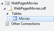 Area di lavoro Del database WebMatrix con albero aperto alla tabella Movies