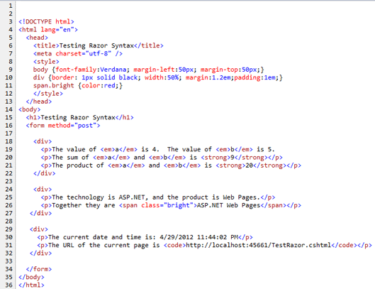 Screenshot dell'origine della pagina Razor di test, confrontando l'origine della pagina con l'output del Web browser di cui è stato eseguito il rendering.